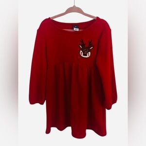 Red Long Sleeve Dress with Reindeer- 3T